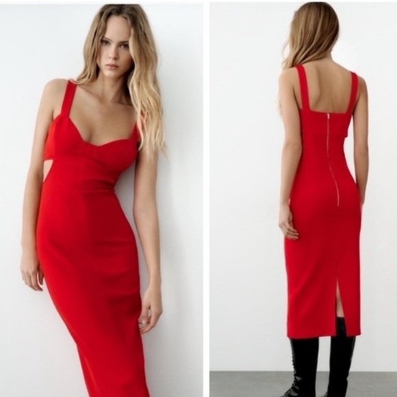 Zara Dresses & Skirts - Zara Red Strappy Cut Out Midi Dress